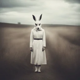 In the surreal realm of vintage photography, a haunting image emerges - a woman in a white rabbit mask in a desolate rural setting. The eerie atmosphere is intensified by overcast lighting and stained surroundings. The shallow depth of field accentuates the unsettling mood, drawing the viewer into a world of mystery and unease. The photograph captures a moment frozen in time, inviting contemplation of hidden truths and untold stories beyond the frame.