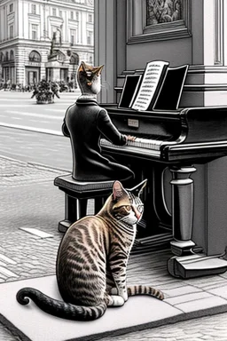 One single mature cat playing piano on the street, Vienna, friendly, model style, hyper realistic, extremely accurate, delicate, extremely detailed, Graphic novel style, wide-angle, open aperture, superfine pencil