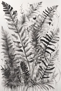 A large drawing with brushstrokes and very defined details of abstract floral design with ferns black ink on white background