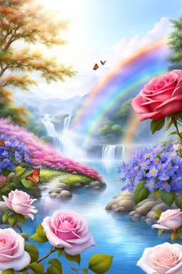 Trés belles roses, rainbows, beautiful colors gardens , flowers, cascades,Birds, butterfly