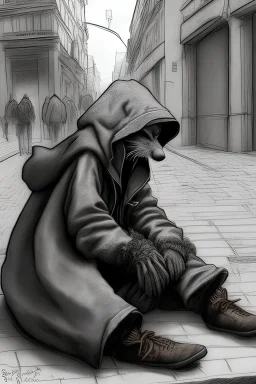 one single mature homeless rat with worn out clothes, sleeping in a corner on the street, Vienna, mourning, model style, hyper realistic, extremely accurate, delicate, extremely detailed, Graphic novel style, wide-angle, open aperture, superfine pencil