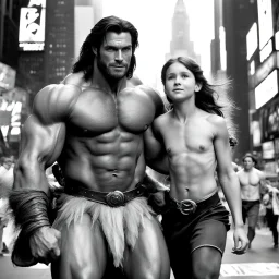 [father, wife and son] In the heart of New York City, the fearless and primal Tarzan, accompanied by his adventurous wife Jane Porter and their young son Korak, stand in Times Square
