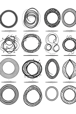 A page of 10 vector infinity symbols drawings with clean fine line , black ink on white background