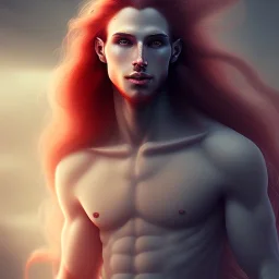  man with long red hair, full body, dark fantasy setting, ethereal, soft lighting