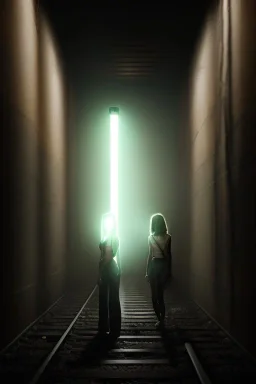 Two women with flashlights exploring a dark old subway tunnel the shadow of a monster on a wall