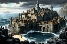 (photo of a movie by Ray Harryhausen) An epic, hyper-detailed panoramic conceptual digital painting of Aethelgard, an impregnable fortified medieval port city. Massive dark stone walls rise directly from the churning ocean, fortified with bastions, turrets, and ramparts. Gothic spires and densely packed timber houses are clustered within. The protected harbor is filled with hundreds of medieval sailing vessels (carracks, cogs, caravels), the main entrance guarded by two massive sea towers and a