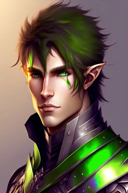 Half-Elf, Half-Human Paladin Male with iridescent eyes and shaggy brown hair with green streaks of color