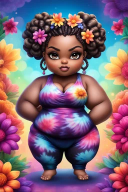 Create an airbrush image of a chibi black plus size female wearing a tie dye yoga outfit. Prominent make up with hazel eyes. Highly detail ombre Bantu knots. background of colorful large flowers 2k