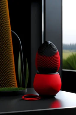 portable speaker, form inspired by merdeka 118 tower , flora and fauna form, modern design style and black and red color