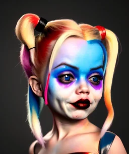 Harley quinn toddler, full body, soft skin, dramatic lighting, hyper realistic