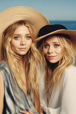 ((Mary-Kate and Ashley Olsen a warm hug)),Her laughter floats harmoniously with the sound of seagulls, infusing the air with a joyful melody. A vivacious energy radiates from her as she gracefully adjusts her oversized sun hat, casting a charming shadow on her sun-kissed face. The rhythmic crashing of waves seems to echo her carefree spirit.