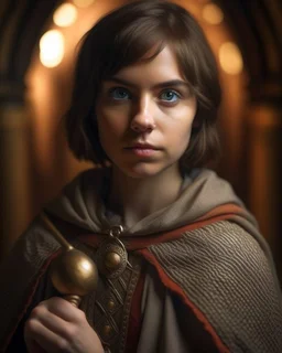 Young female cleric with short brown hair and bright hazel eyes. Religious robes with holy symbol. Chainmail glimpsed underneath. Mace at side. Serene expression. Medieval fantasy temple background, divine lighting.