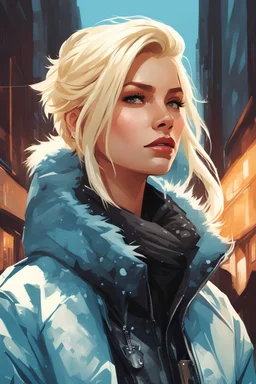highly detailed portrait of a sewer punk swedish lady, puffy winter jacket, blonde hair by atey ghailan, by greg rutkowski, by greg tocchini, by james gilleard, by joe fenton, by kaethe butcher, gradient light blue, brown, blonde cream and white color scheme, grunge aesthetic! ( ( graffiti tag wall background ) )