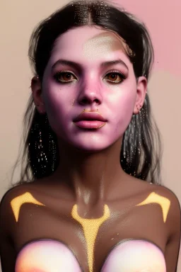 Realistic image, Rosalía artist, portrait, waist up portrait, long black eye line, sweet, gold and pink geisha style, spray glow make up, led lights, neon, led piercing nose, led ornament, fog, rain, bubble latex dress, vibrant color, highly detailed, art stations, concept art, smooth, unreal engine 5, god rays, ray tracing, RTX, lumen lighting, ultra detail, volumetric lighting, 3d, finely drawn, high definition, high resolution.