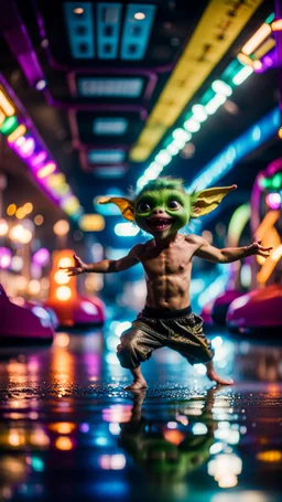 gremlin yoga tumbling in water slide in the middle of crazy dance moves dancing on buss parked in dark lit reflective wet arcade hall tunnel,bokeh like f/0.8, tilt-shift lens 8k, high detail, smooth render, down-light, unreal engine, prize winning