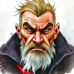 dnd, fantasy, watercolour, large strokes, stylistic, dull colors, portrait, illustration, artistic, professional illlustration, male, face, weathered face, sly, violent, evil, vigorous, rogue, criminal
