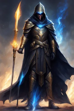 A commander with a black cloak and a long coat with long combat boots and a long spear with his Helmet is golden under his cloak like assasins With a magical power in his hand and a white anklet and boots With blue flame eyes