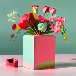 a gorgeous modern rectangular ceramic vase, real colorful flower bouquet , summer colors, on a table, soft pink and red green colors --ar 2:3