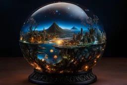 glass globe with intricate miniature Galapagos Epic cinematic brilliant stunning, by Su Blackwell, fantastical, intricate details, maximalism, dramatic, hyperdetailed, mega maximalist, Su Blackwell, holographic astral cosmic brilliant nighttime array by Pablo Amaringo