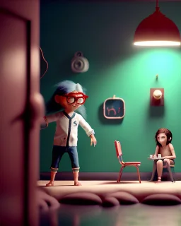 Room scene with simple hair monster and boy human playing, Wes Anderson style, realistic photo, sweet, concept art, smooth, unreal engine 5, god lights, ray tracing, RTX, lumen lighting, ultra detail, volumetric lighting, 3d.