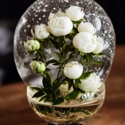 Cinematic shot of peonies inside a crystal lace globe, glass, crystal, linen, dewdrops, warm lighting, luxurious