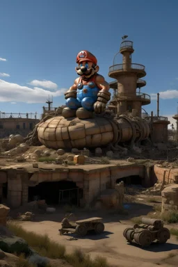 far in the future, a gigantic stature of a mario sits among ruins of buildings. time has weathered the landscape for thousands of years. a small makeshift camp with people can be seen contrasting the massive statue.