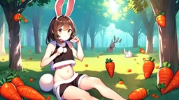 Girl, brown rabbit ears , brown rabbit tail, brown hair, open navel, forest, morning, carrot in hand, sit, rabbit hand, rabbit foot, fur on hand