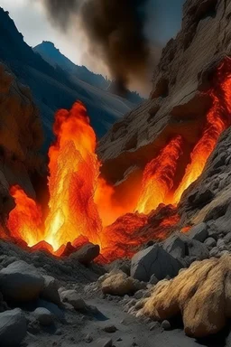 fire explosion under cracked mountains rocks,