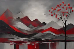 This painting is a colorful abstract artwork, featuring an array of grey tones and textures surrounded by various shapes and forms that create an interesting composition. In the background there are hints of a landscape with trees and mountains, while closer to the foreground there are splashes of red which could be interpreted as a bird in water. This piece has been created using acrylic paint on canvas, giving it an almost three-di