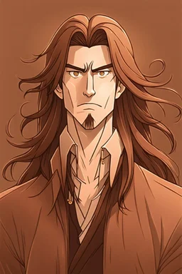 This is an illustration of a man with long hair, rendered in a cartoon style. The figure is skillfully drawn, with great attention to detail, much like a character one might find in an anime or manga. The artist used a dominant brown color palette, with a rich brown foreground and background, giving the character a warm, earthy tone. The animation style is reminiscent of a fictional character from a popular anime or manga series. The man's face and hands are slightly blurred, which adds an i