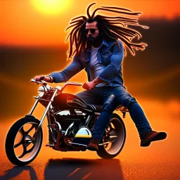 ein mann mit kurzen dreadlocks fährt pocketbike im sonnenuntergang