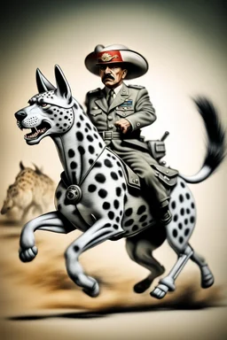 mexican general Hitler on fast cheetah dog donkey, airbrush and pen outline, motion blurred background
