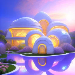 landscape of summer tropical ambient beutiful villa white gold and neon lights bright and colorful bright gloss effect of a futuristic house,like spaceship, natural round shapes concept, large transparent view of the open outdoor garden,sea beach at sunset, gold crystals,with light pink, flowers of Lotus, beutiful pools, light of sun , palmiers,cerisiers en fleurs, wisteria, sun , stars, small waterfalls