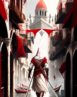 Assassin creed con dagas y espadas caminando de frente por Venezia arte digital hiperdetallado detalles intrincados obra de arte rojo blanco 8k