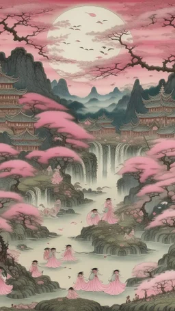 A light pink magical realm with spirits painted by Utagawa Hiroshige