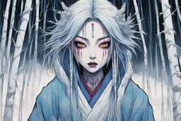 full color front facing portrait of a malevolent Yuki-Onna possessed woman with highly detailed hair and slim, narrow facial features, in a haunted snow clad, winter mountain bamboo forest, pierced by shafts of moonlight , art in the style of Alex Pardee, spirited away, studio ghibli, , 8k , finely detailed and precise line work, soft gauzy pastel colors