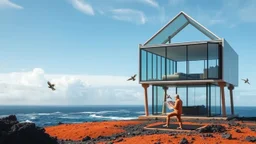 On a remote volcanic island, the house emerges as a solitary retreat. The orange-hued ground floor blends into the volcanic terrain, while the upper floor, with its sharp glass structure, offers an uninterrupted view of the turbulent sea. A pair of tropical birds nests on the exterior supports, and inside, an explorer maps the nearby volcanoes, reviewing his notes through the panoramic windows.