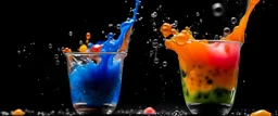 bubble tea, close up, concentrated on the left handside, floating to right, splashes of colour as they burst