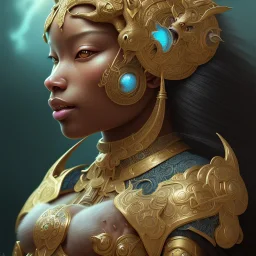 Sango fantasy, fantasy magic, intricate, sharp focus, illustration, highly detailed, digital painting, concept art, matte, art germ and Paul Lewin and Kehinde Wiley, masterpiece black Boar head bronze monkey Asian African girl nice breast Hawaiian hair turquoise golden waves