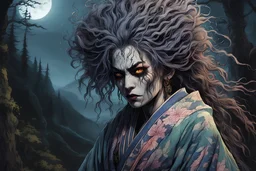 full color front facing portrait of a malevolent female Yama Uba witch in a ragged kimono with highly detailed shaggy hair and slim, aged and withered facial features, in a haunted mountain forest, pierced by shafts of moonlight , 8k , finely detailed and precise line work, soft natural Spring colors