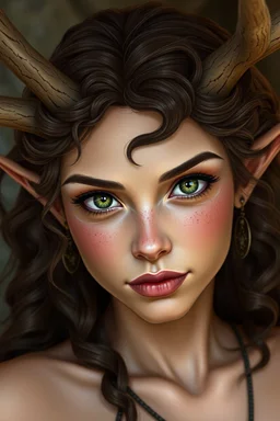 A female fantasy druid with antlers, olive toned skin, long brown curly hair, green eyes, Quirky face, Realistic style