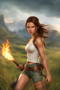 Realistic photo of young Lara Croft with long hair and wearing only shorts and is holding a flaming whip, with grassy fields in the background