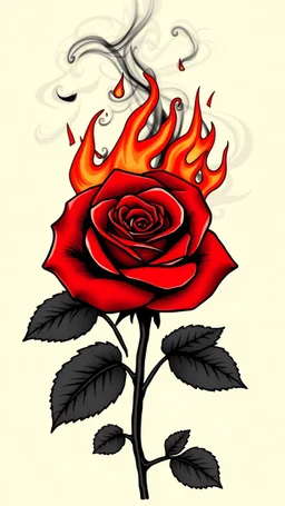 a rose where the stem and leaves(black) is made of smoke, and the flower(red) is made of flame shapes that spiral in the middle, vector in a hotrod and tattoo style