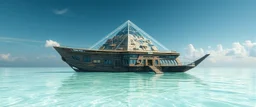 benign transparent superwood alien mega scifi pyramid katamaran ark boat with superwood draw bridge and wing doors and an all seeing eye on top