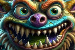 closeup of a smiling monster's face, big teeth, fur, bumps and horns, my pet monster inspiration, urban character design