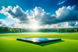 a big open disko stage in country side environment ,green field , at distance,blue sky pretty clouds .