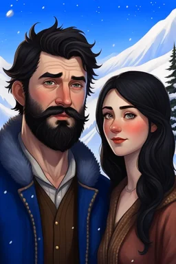 Mountain Christmas scene, dark haired couple, man with short black beard, blue eyes