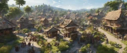 A busy market in a beautiful surreal sunny countryside scene with distant hills, many conjoining intricate characterful dwellings (designed by Esher) with walkways & stairways, many paths, waterfalls & a waterwheel : ultra high detail, photorealistic, epic cinematic, 8K, Large depth of field