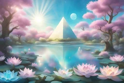 in a magical landscape with and bright and intens pastel tones, trees around a square and one crystal pyramid reflects the sun. Flowering shrubs and crystal cluster are in the foreground. A turquoise lake in the center with lotus flowers. There are iridescent particles of light in the sky, fine rays of light white colors.in the distance small forest, lots of fine details, gentle, sweet atmosphere, cinematic, color grading, editorial photography, Realistic picture. HD8k