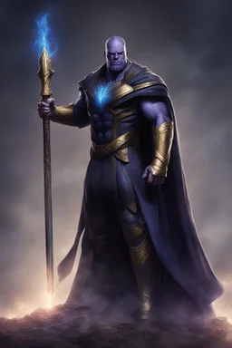 Thanos is the god of power and evil The commander wears a black cloak and a long coat with long combat boots and a long spear with a hat under his cloak with blue flame eyes, a sword like a spear